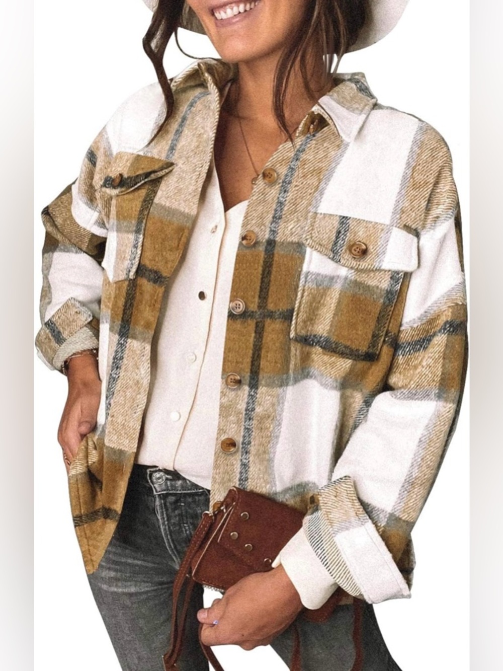 🤎 EUC Plaid Shacket in Camel & Cream